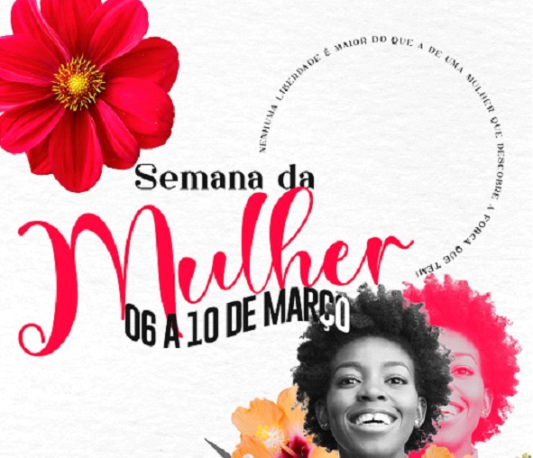 Veja a programação completa do dia internacional da mulher em Ouro Preto. Banner de divulgação da Prefeitura.