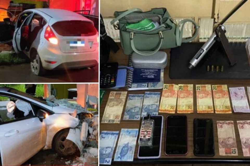 2 homens são presos após troca de tiros com a PM em Itabirito por roubo a mão armada na cidade de Congonhas. Foto dos itens apreendidos e carro usado.