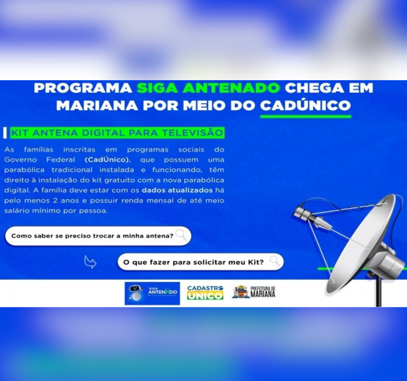 Prefeitura de Mariana disponibilizará kits de Antena Digital à população. Imagem de divulgação.