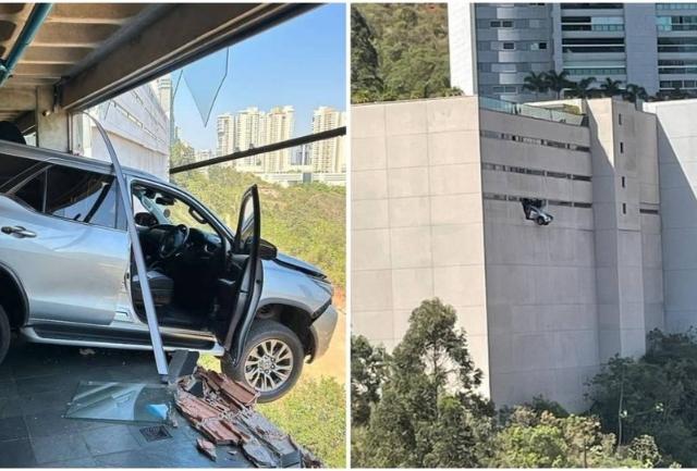 O incidente assustou moradores, mas não deixou feridos; Defesa Civil confirma estabilidade estrutural do edifício. Foto de como ficou a situação do veículo.