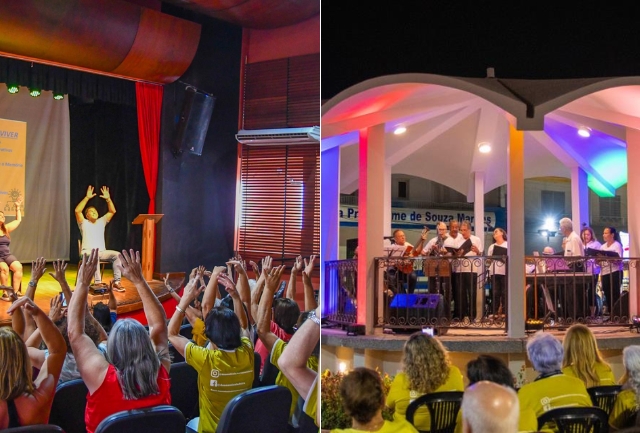 Evento oferece atividades de lazer e bem-estar para o público com mais de 60 anos. Foto de momentos do evento.
