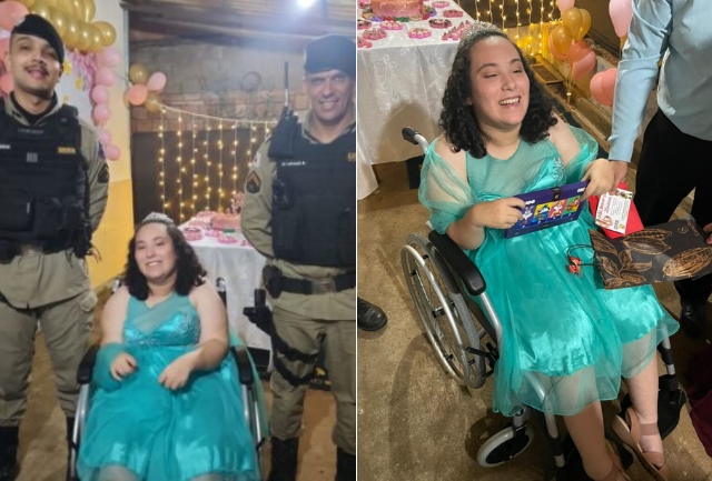 Luana Rodrigues recebeu a visita de policiais militares e uma mensagem pelo rádio em sua festa. Foto do momento em que os PMs chegam a festa.