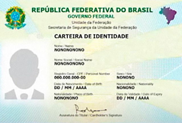 Documento terá QR Code, código MRZ e versão no aplicativo GOV.BR. Troca será gratuita e gradual até 2032. Foto meramente ilustrativa de como será a nova identidade.