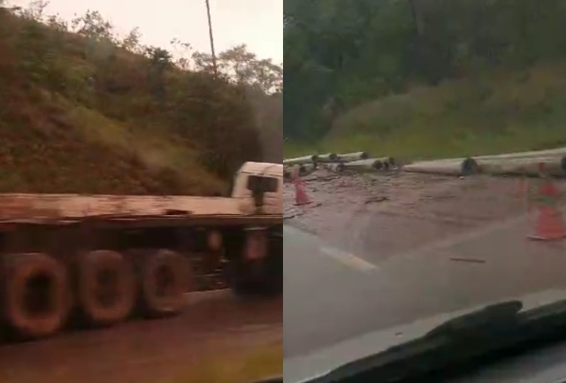 Motorista perde o controle da direção e atravessa a pista em Nova Lima; ninguém ficou ferido. Foto de como ficou o caminhão e a carga.