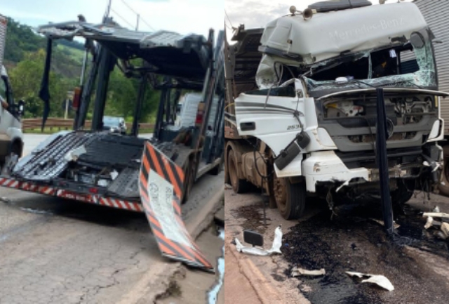 Um acidente envolvendo uma carreta cegonheira e outra carreta interditou parcialmente a rodovia na altura do km 621, próximo à comunidade de Gagé, em Conselheiro Lafaiete (MG). Foto momentos após o acidente.