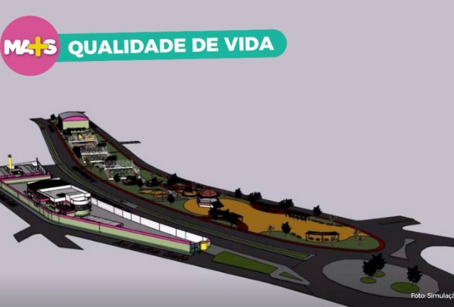 O projeto, que atende aos pedidos da comunidade, inclui ginásio, skate, academia, coreto e acessibilidade. Foto de como vai ficar o local após o término das obras.