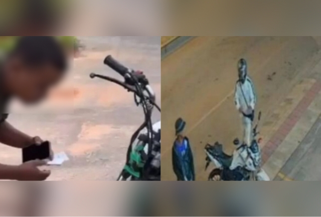 O trabalhador foi abordado por dois criminosos armados durante uma entrega. A moto foi encontrada abandonada em Itabirito, mas o segundo assaltante ainda está foragido. Foto do momento do roubo.