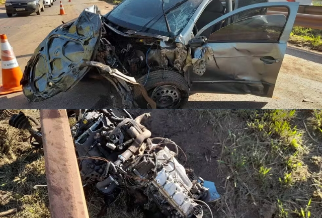 O motorista do veículo de passeio teria fugido após bater na lateral da cegonheira. O motor do carro foi arremessado para longe.
