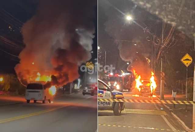 Veículo pega fogo em avenida movimentada e interdita o trânsito na região central da cidade.