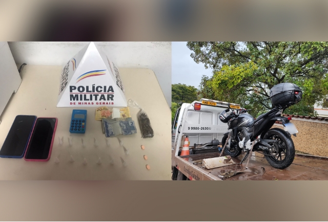 Polícia Militar localiza veículo roubado em Contagem e apreende entorpecentes e dinheiro com jovem de 22 anos. Foto da moto e dos materiais apreendidos.