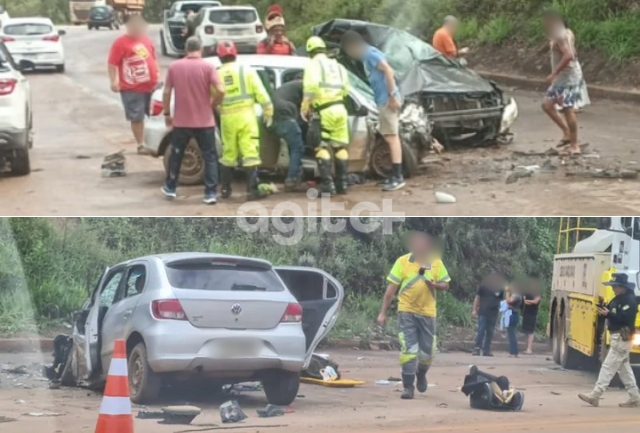 Dois carros colidem e deixam uma pessoa presa nas ferragens; trânsito fica lento nos dois sentidos.